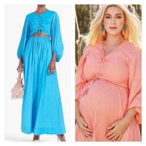 STAUD Vincent Cutout Ruched Long Sleeve Maxi Dress Blue XS NWT